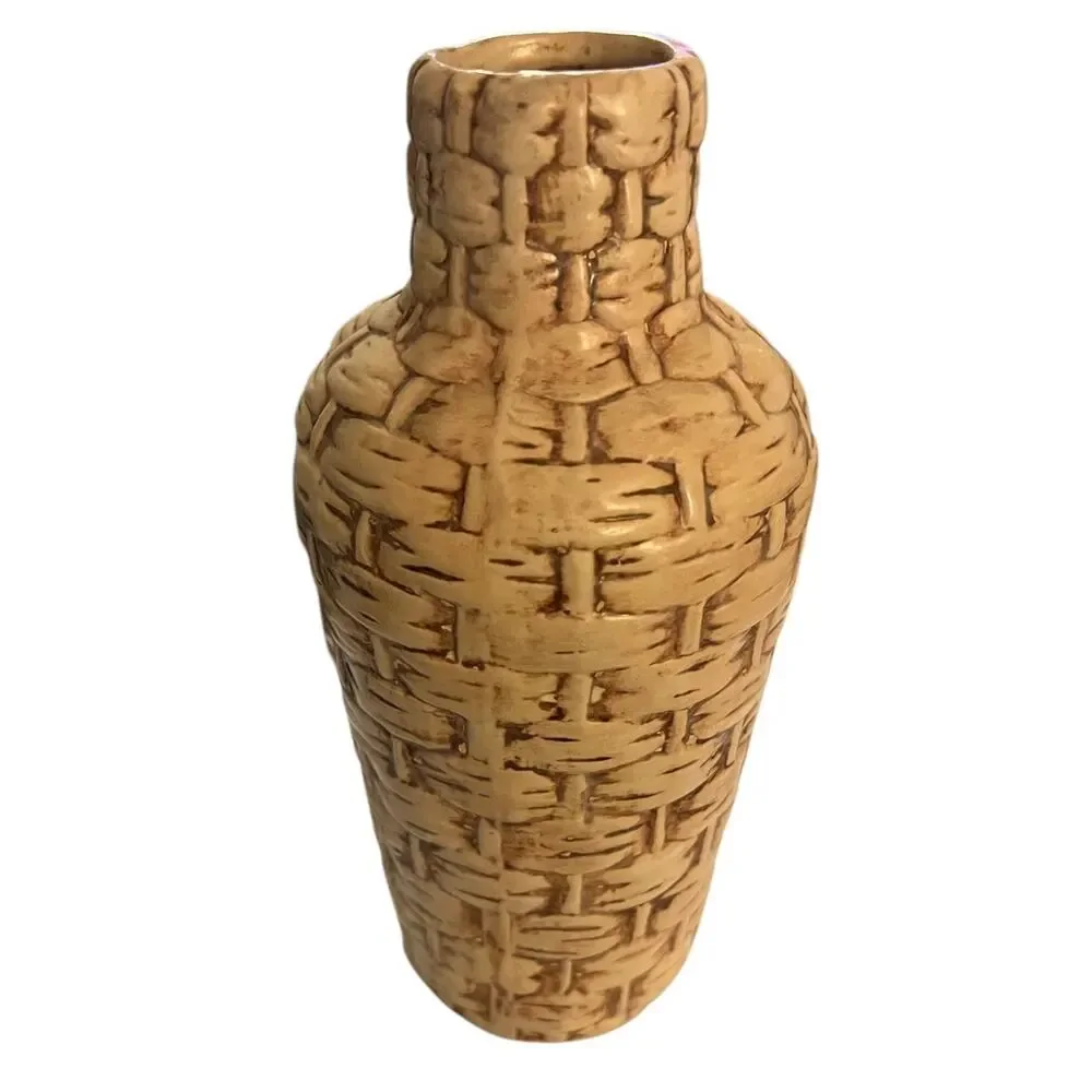 1970s VINTAGE Handmade Basket Weave Ceramic Jug Vase Artist Signed LM 1977